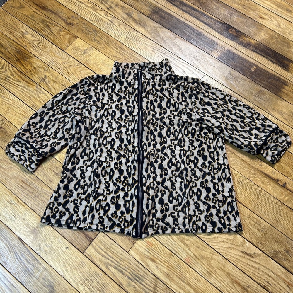 Sportelle Leopard Print Zip Up Mock Neck Top 3/4 Sleeve‎ XL Cheetah Animal Print